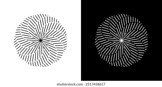 Fondo Abstractas con patrón de líneas en círculos. Diseño de arte en espiral como logotipo o icono. Una figura negra sobre un fondo blanco y la misma figura blanca en el lado negro. Mandala con patrón de línea.