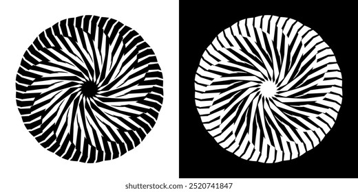 Fundo abstrato com padrão de linhas em círculos. Projeto de arte em espiral como logotipo ou ícone. Uma figura preta sobre um fundo branco e a mesma figura branca no lado preto. Mandala com padrão de linha.