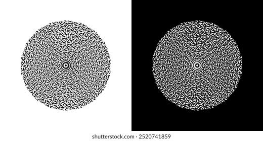 Abstract background with lines pattern in circles. Spiral art design as logo or icon. A black figure on a white background and the same white figure on the black side. Mandala with line pattern.