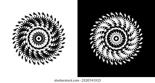 Fondo Abstractas con patrón de líneas en círculos. Diseño de arte en espiral como logotipo o icono. Una figura negra sobre un fondo blanco y la misma figura blanca en el lado negro. Mandala con patrón de línea.