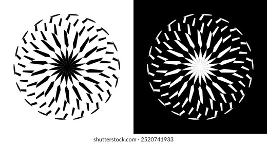 Fundo abstrato com padrão de linhas em círculos. Projeto de arte em espiral como logotipo ou ícone. Uma figura preta sobre um fundo branco e a mesma figura branca no lado preto. Mandala com padrão de linha.