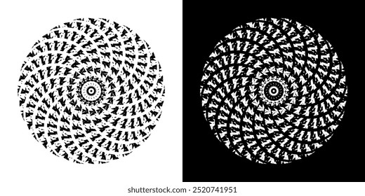 Abstract background with lines pattern in circles. Spiral art design as logo or icon. A black figure on a white background and the same white figure on the black side. Mandala with line pattern.