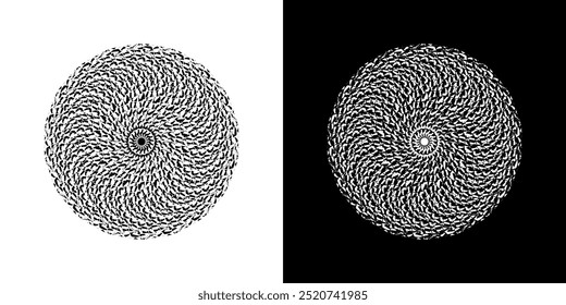 Abstract background with lines pattern in circles. Spiral art design as logo or icon. A black figure on a white background and the same white figure on the black side. Mandala with line pattern.