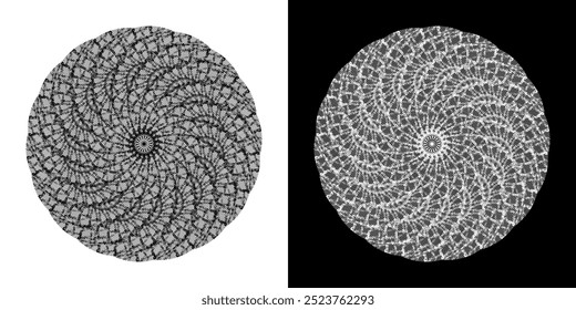 Abstract background with lines pattern in circles. Spiral art design as logo or icon. A black figure on a white background and the same white figure on the black side. Mandala with line pattern.