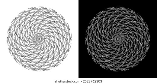 Abstract background with lines pattern in circles. Spiral art design as logo or icon. A black figure on a white background and the same white figure on the black side. Mandala with line pattern.