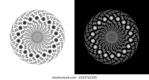 Abstract background with lines pattern in circles. Spiral art design as logo or icon. A black figure on a white background and the same white figure on the black side. Mandala with line pattern.