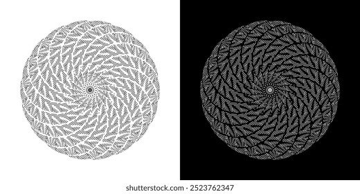 Abstract background with lines pattern in circles. Spiral art design as logo or icon. A black figure on a white background and the same white figure on the black side. Mandala with line pattern.