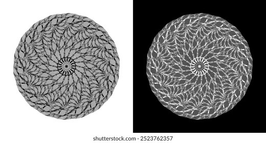 Abstract background with lines pattern in circles. Spiral art design as logo or icon. A black figure on a white background and the same white figure on the black side. Mandala with line pattern.