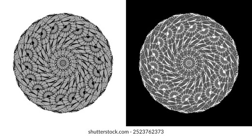 Fundo abstrato com padrão de linhas em círculos. Projeto de arte em espiral como logotipo ou ícone. Uma figura preta sobre um fundo branco e a mesma figura branca no lado preto. Mandala com padrão de linha.
