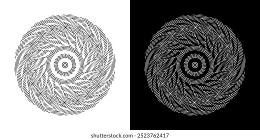 Abstract background with lines pattern in circles. Spiral art design as logo or icon. A black figure on a white background and the same white figure on the black side. Mandala with line pattern.