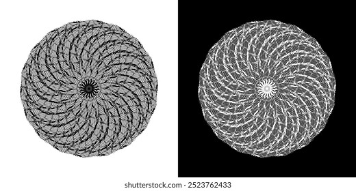Fundo abstrato com padrão de linhas em círculos. Projeto de arte em espiral como logotipo ou ícone. Uma figura preta sobre um fundo branco e a mesma figura branca no lado preto. Mandala com padrão de linha.