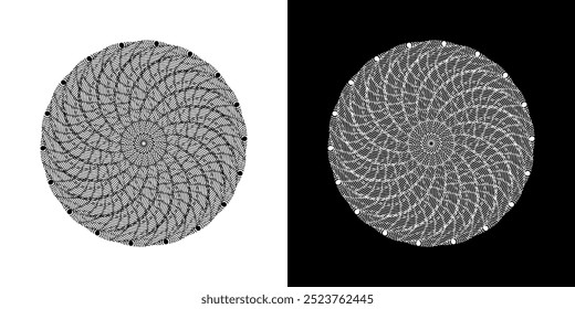 Abstract background with lines pattern in circles. Spiral art design as logo or icon. A black figure on a white background and the same white figure on the black side. Mandala with line pattern.