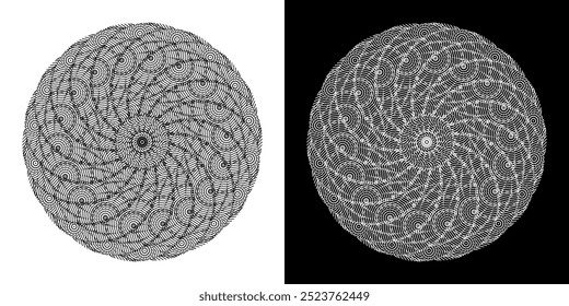 Abstract background with lines pattern in circles. Spiral art design as logo or icon. A black figure on a white background and the same white figure on the black side. Mandala with line pattern.