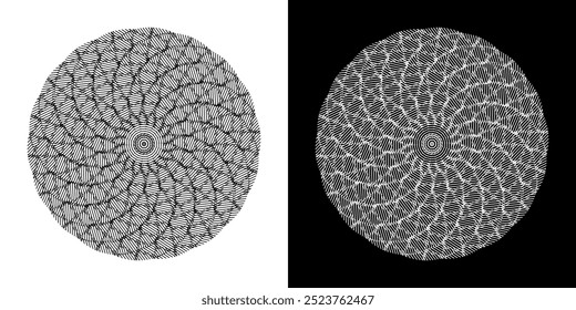 Abstract background with lines pattern in circles. Spiral art design as logo or icon. A black figure on a white background and the same white figure on the black side. Mandala with line pattern.