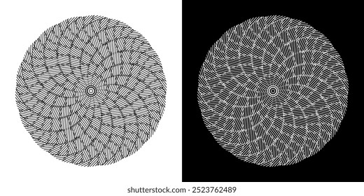 Abstract background with lines pattern in circles. Spiral art design as logo or icon. A black figure on a white background and the same white figure on the black side. Mandala with line pattern.