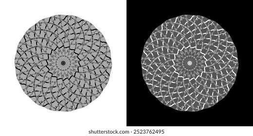 Abstract background with lines pattern in circles. Spiral art design as logo or icon. A black figure on a white background and the same white figure on the black side. Mandala with line pattern.