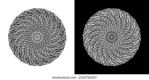 Abstract background with lines pattern in circles. Spiral art design as logo or icon. A black figure on a white background and the same white figure on the black side. Mandala with line pattern.