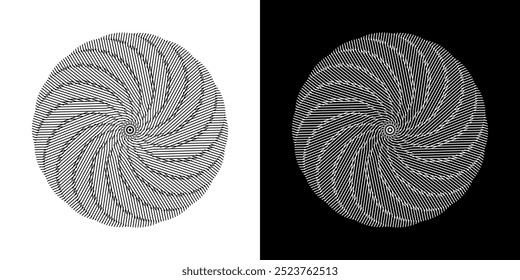 Abstract background with lines pattern in circles. Spiral art design as logo or icon. A black figure on a white background and the same white figure on the black side. Mandala with line pattern.
