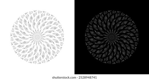 Abstract background with lines pattern in circles. Spiral art design as logo or icon. A black figure on a white background and the same white figure on the black side. Mandala with line pattern.