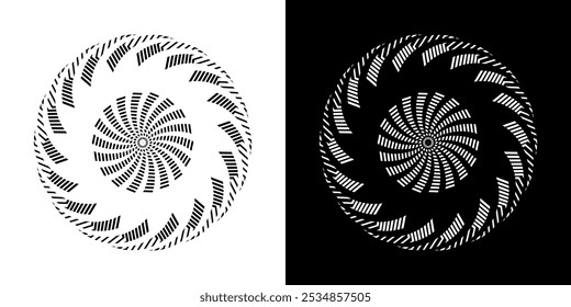 Abstract background with lines pattern in circles. Spiral art design as logo or icon. A black figure on a white background and the same white figure on the black side. Mandala with line pattern.