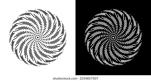 Abstract background with lines pattern in circles. Spiral art design as logo or icon. A black figure on a white background and the same white figure on the black side. Mandala with line pattern.
