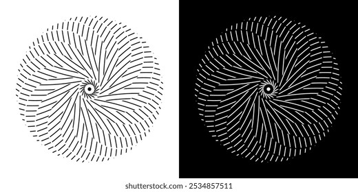 Abstract background with lines pattern in circles. Spiral art design as logo or icon. A black figure on a white background and the same white figure on the black side. Mandala with line pattern.
