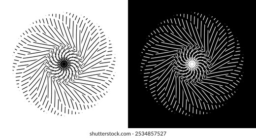 Abstract background with lines pattern in circles. Spiral art design as logo or icon. A black figure on a white background and the same white figure on the black side. Mandala with line pattern.