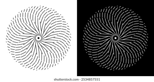 Abstract background with lines pattern in circles. Spiral art design as logo or icon. A black figure on a white background and the same white figure on the black side. Mandala with line pattern.