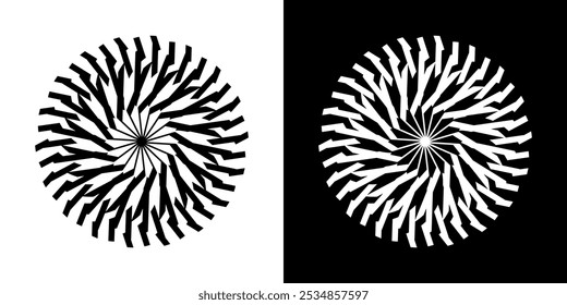 Fundo abstrato com padrão de linhas em círculos. Projeto de arte em espiral como logotipo ou ícone. Uma figura preta sobre um fundo branco e a mesma figura branca no lado preto. Mandala com padrão de linha.