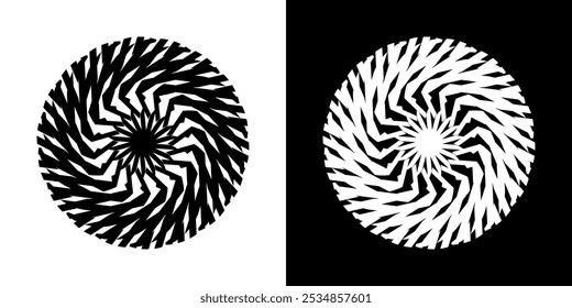 Fundo abstrato com padrão de linhas em círculos. Projeto de arte em espiral como logotipo ou ícone. Uma figura preta sobre um fundo branco e a mesma figura branca no lado preto. Mandala com padrão de linha.