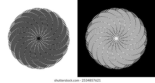 Abstract background with lines pattern in circles. Spiral art design as logo or icon. A black figure on a white background and the same white figure on the black side. Mandala with line pattern.