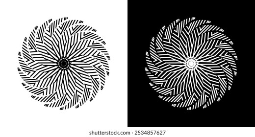 Abstract background with lines pattern in circles. Spiral art design as logo or icon. A black figure on a white background and the same white figure on the black side. Mandala with line pattern.