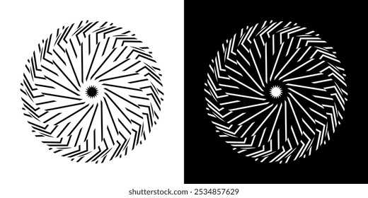 Abstract background with lines pattern in circles. Spiral art design as logo or icon. A black figure on a white background and the same white figure on the black side. Mandala with line pattern.