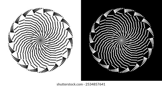Abstract background with lines pattern in circles. Spiral art design as logo or icon. A black figure on a white background and the same white figure on the black side. Mandala with line pattern.