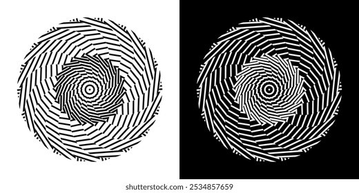 Abstract background with lines pattern in circles. Spiral art design as logo or icon. A black figure on a white background and the same white figure on the black side. Mandala with line pattern.