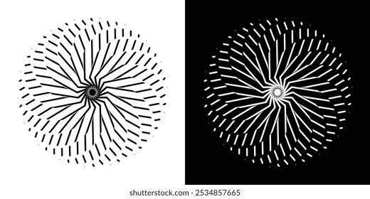 Abstract background with lines pattern in circles. Spiral art design as logo or icon. A black figure on a white background and the same white figure on the black side. Mandala with line pattern.