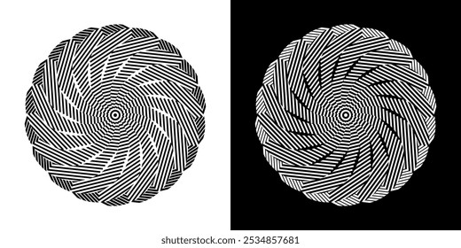 Abstract background with lines pattern in circles. Spiral art design as logo or icon. A black figure on a white background and the same white figure on the black side. Mandala with line pattern.