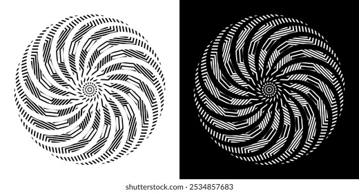 Abstract background with lines pattern in circles. Spiral art design as logo or icon. A black figure on a white background and the same white figure on the black side. Mandala with line pattern.