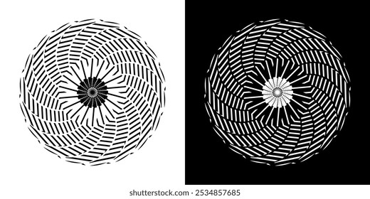 Abstract background with lines pattern in circles. Spiral art design as logo or icon. A black figure on a white background and the same white figure on the black side. Mandala with line pattern.