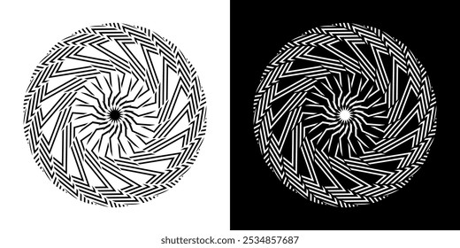 Abstract background with lines pattern in circles. Spiral art design as logo or icon. A black figure on a white background and the same white figure on the black side. Mandala with line pattern.