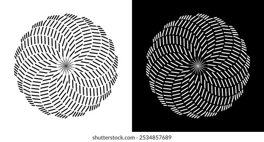 Abstract background with lines pattern in circles. Spiral art design as logo or icon. A black figure on a white background and the same white figure on the black side. Mandala with line pattern.