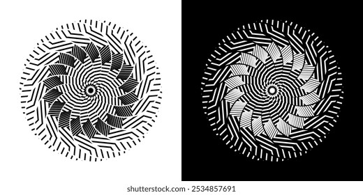 Abstract background with lines pattern in circles. Spiral art design as logo or icon. A black figure on a white background and the same white figure on the black side. Mandala with line pattern.