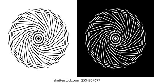 Fundo abstrato com padrão de linhas em círculos. Projeto de arte em espiral como logotipo ou ícone. Uma figura preta sobre um fundo branco e a mesma figura branca no lado preto. Mandala com padrão de linha.