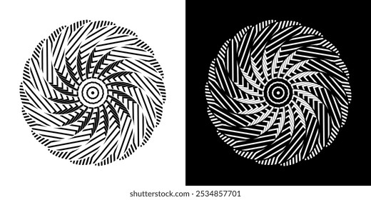 Abstract background with lines pattern in circles. Spiral art design as logo or icon. A black figure on a white background and the same white figure on the black side. Mandala with line pattern.