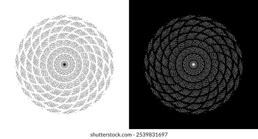 Fundo abstrato com padrão de linhas em círculos. Projeto de arte em espiral como logotipo ou ícone. Uma figura preta sobre um fundo branco e a mesma figura branca no lado preto. Mandala com padrão de linha.
