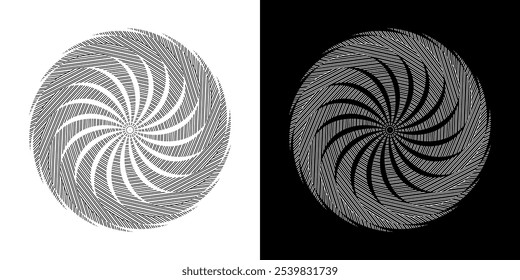 Fundo abstrato com padrão de linhas em círculos. Projeto de arte em espiral como logotipo ou ícone. Uma figura preta sobre um fundo branco e a mesma figura branca no lado preto. Mandala com padrão de linha.