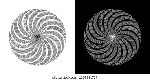 Fundo abstrato com padrão de linhas em círculos. Projeto de arte em espiral como logotipo ou ícone. Uma figura preta sobre um fundo branco e a mesma figura branca no lado preto. Mandala com padrão de linha.