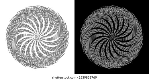 Abstract background with lines pattern in circles. Spiral art design as logo or icon. A black figure on a white background and the same white figure on the black side. Mandala with line pattern.