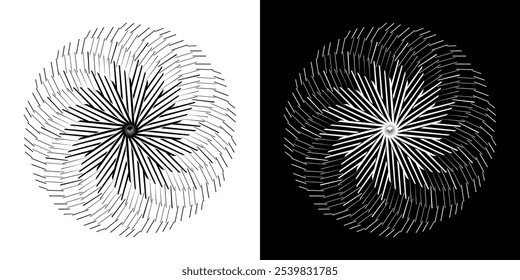 Abstract background with lines pattern in circles. Spiral art design as logo or icon. A black figure on a white background and the same white figure on the black side. Mandala with line pattern.