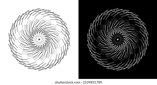 Abstract background with lines pattern in circles. Spiral art design as logo or icon. A black figure on a white background and the same white figure on the black side. Mandala with line pattern.